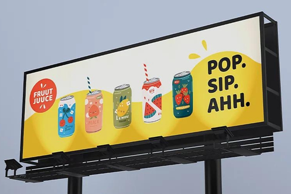 iklan billboard di tengah jalan yang berisi promosi minuman dan berwarna kuning